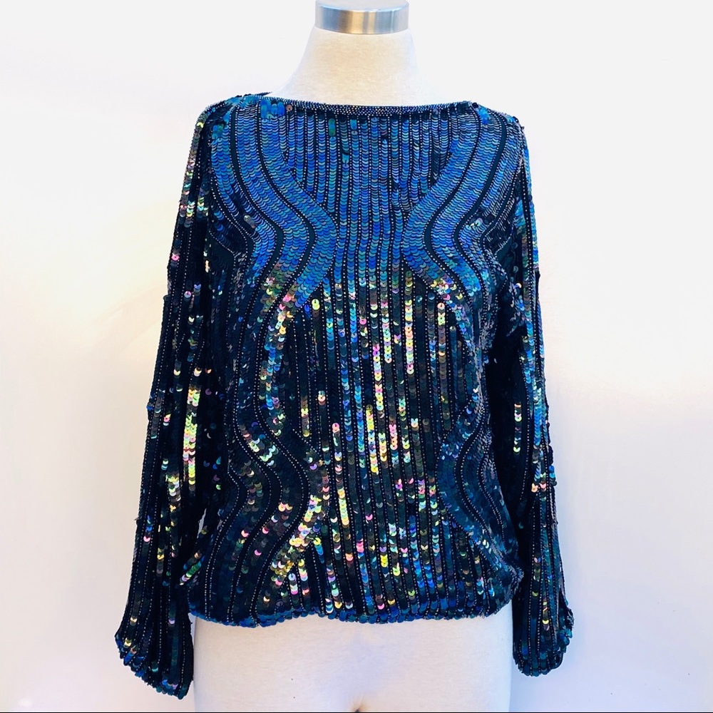 Caren Charles Blue and Black Sequin Blouse Size Small